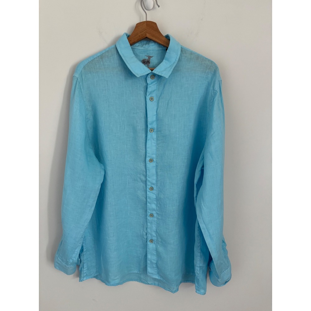 Raffi Mens XL Turquoise Blue 100% Pure Linen Long Sleeve Button Down Shirt